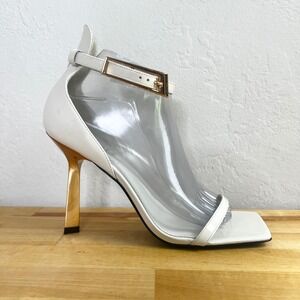 Schutz Sandals Heels Ciara Square Toe Ankle Strap Gold Metallic Ivory‎ Size 8.5